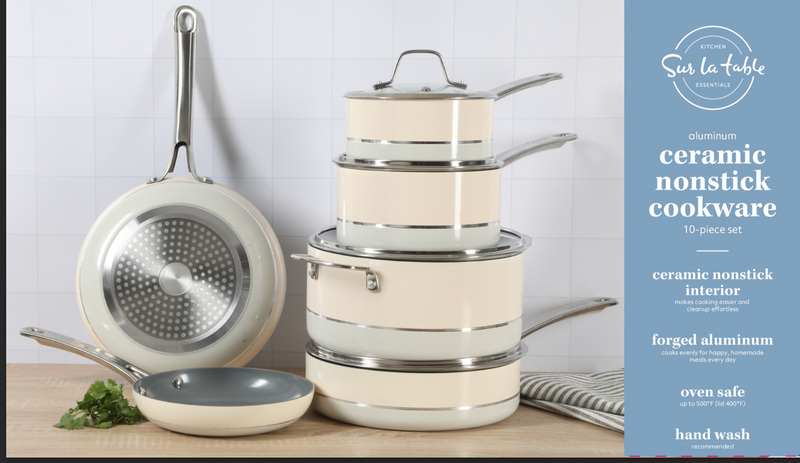Sur la Table Kitchen Essentials Viva La Cantina 10pc Aluminum Cookware Set - Ceramic Interior - 2 Tone Exterior - Induction Base - Stainless Steel Hollow Handle - Gift Box w/ Remailer