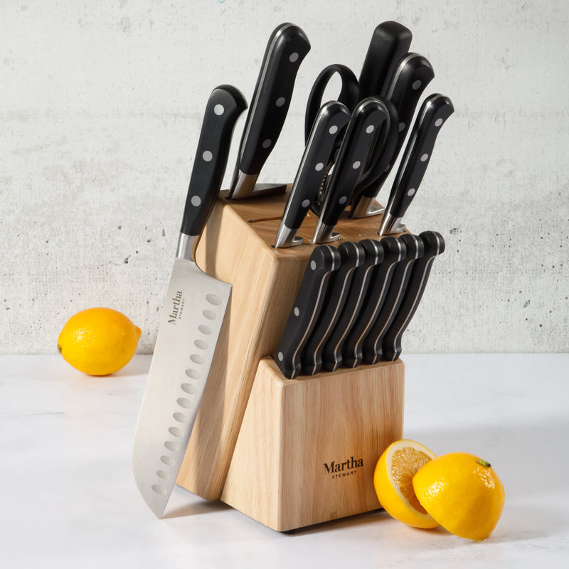 Martha Stewart Carverton 15pc Stainless Steel Cutlery Set w/ Rubberwood Block - Black - Traditional Shape - ABS Forged Handle - Gift Box