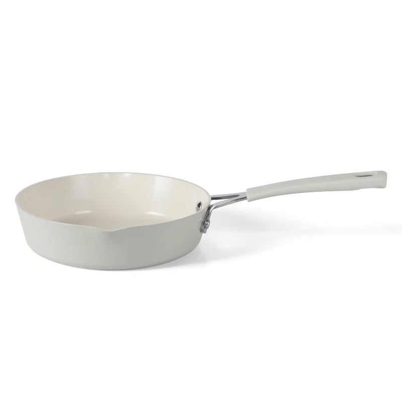 Martha Stewart 8" Heathland Aluminum Frying Pan - Linen - Taper Shape - Off White Ceramic Interior - Induction - Silicone Handle - Color Sleeve