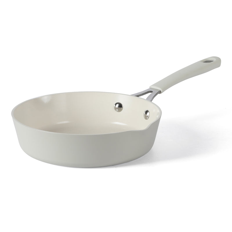 Martha Stewart 8" Heathland Aluminum Frying Pan - Linen - Taper Shape - Off White Ceramic Interior - Induction - Silicone Handle - Color Sleeve