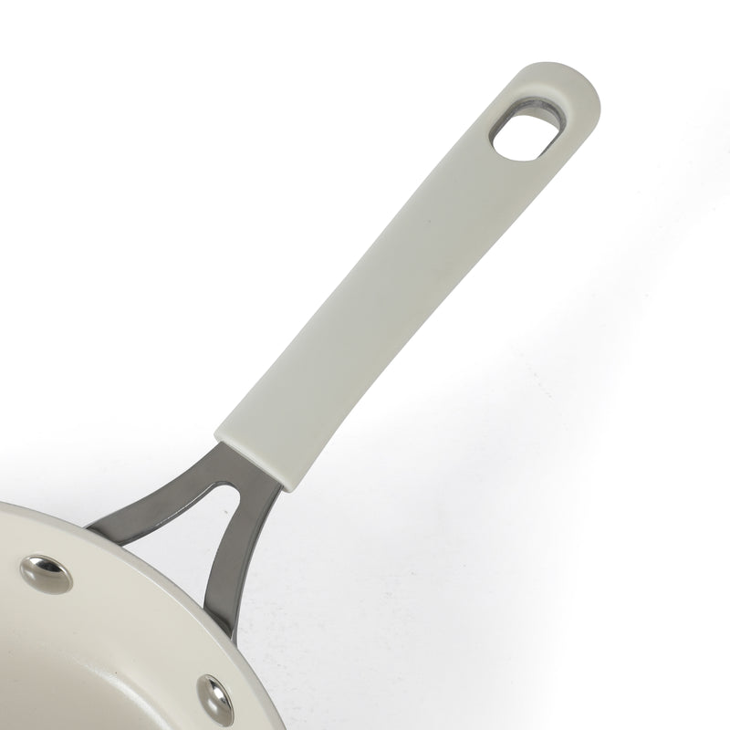 Martha Stewart 8" Heathland Aluminum Frying Pan - Linen - Taper Shape - Off White Ceramic Interior - Induction - Silicone Handle - Color Sleeve