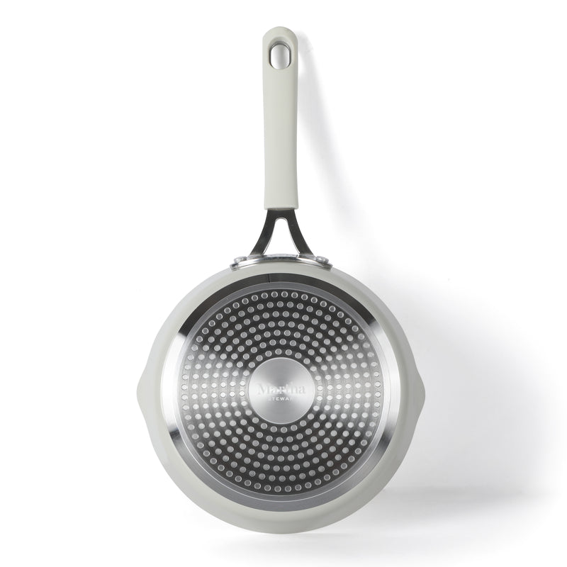 Martha Stewart 8" Heathland Aluminum Frying Pan - Linen - Taper Shape - Off White Ceramic Interior - Induction - Silicone Handle - Color Sleeve