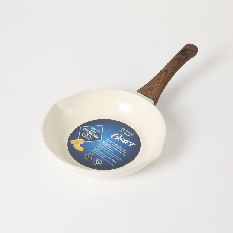 Oster Amberg Choice 8" Aluminum Frying Pan - Matte White - White Ceramic Interior - Wood Look Soft Touch Bakelite Handle - O/S - Color Label