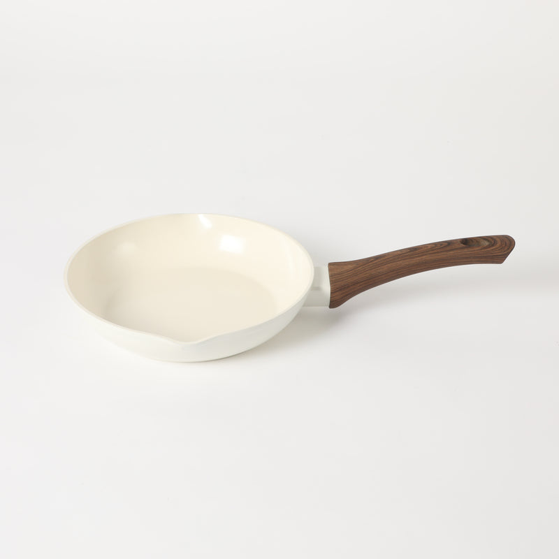Oster Amberg Choice 8" Aluminum Frying Pan - Matte White - White Ceramic Interior - Wood Look Soft Touch Bakelite Handle - O/S - Color Label