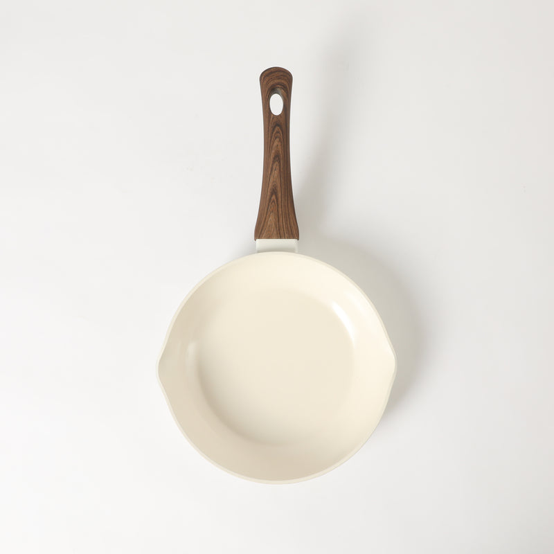 Oster Amberg Choice 8" Aluminum Frying Pan - Matte White - White Ceramic Interior - Wood Look Soft Touch Bakelite Handle - O/S - Color Label