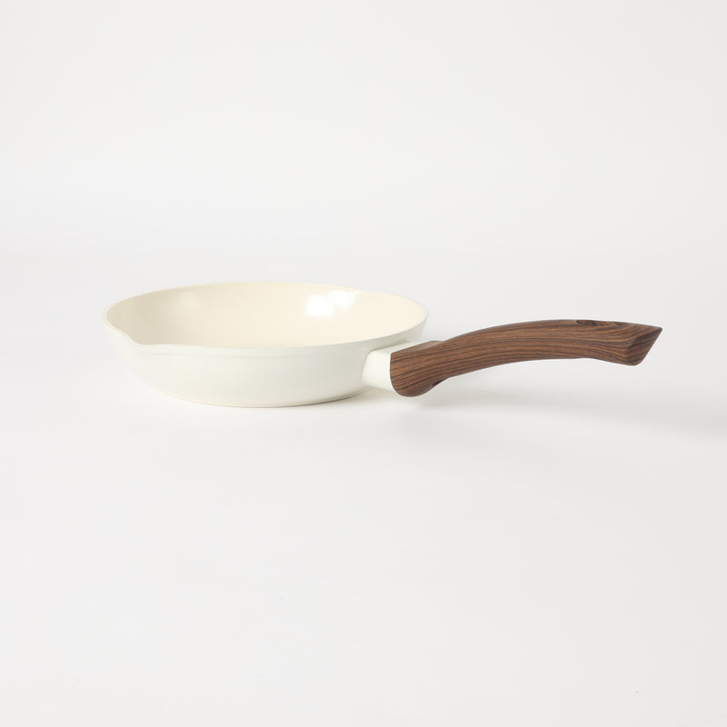 Oster Amberg Choice 8" Aluminum Frying Pan - Matte White - White Ceramic Interior - Wood Look Soft Touch Bakelite Handle - O/S - Color Label