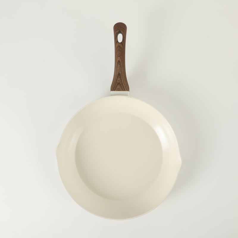 Oster Amberg Choice 12" Aluminum Frying Pan - Matte White - White Ceramic Interior - Wood Look Soft Touch Bakelite Handle - O/S - Color Label