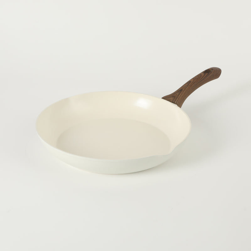 Oster Amberg Choice 12" Aluminum Frying Pan - Matte White - White Ceramic Interior - Wood Look Soft Touch Bakelite Handle - O/S - Color Label