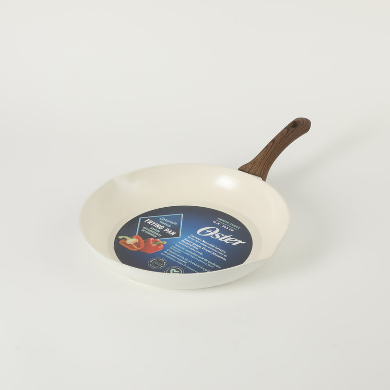Oster Amberg Choice 12" Aluminum Frying Pan - Matte White - White Ceramic Interior - Wood Look Soft Touch Bakelite Handle - O/S - Color Label