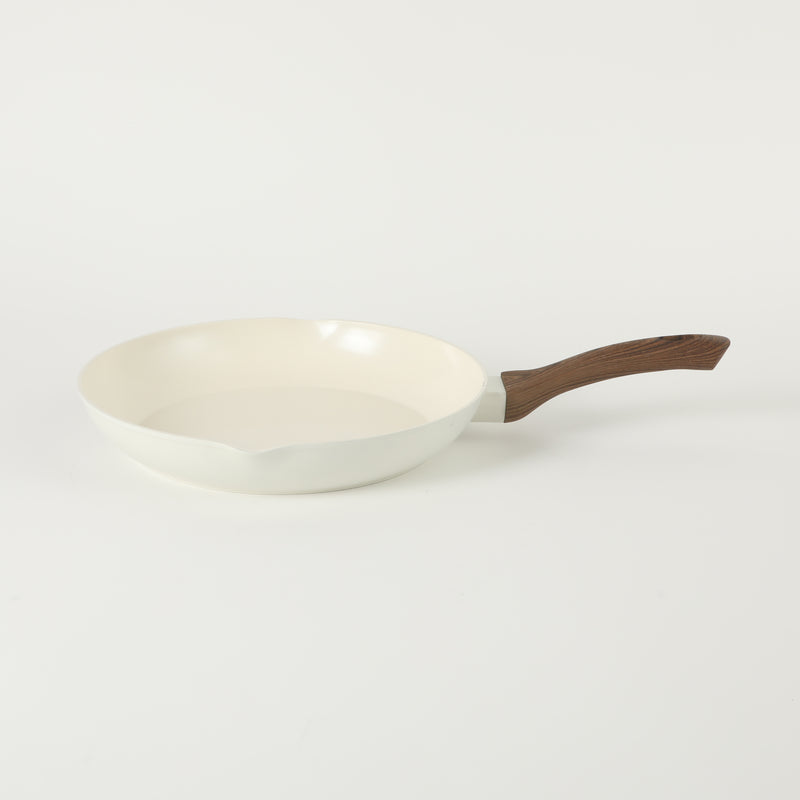 Oster Amberg Choice 12" Aluminum Frying Pan - Matte White - White Ceramic Interior - Wood Look Soft Touch Bakelite Handle - O/S - Color Label