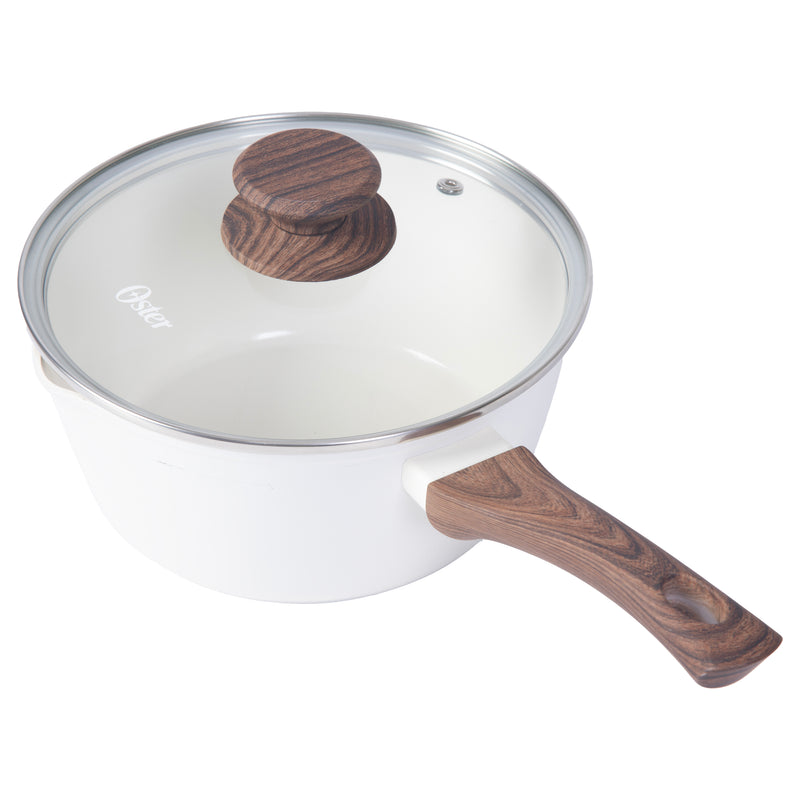 Oster Amberg Choice 2.5qt Aluminum Saucepan w/ Lid - Matte White - White Ceramic Interior - Wood Look Soft Touch Bakelite Handle - Color Label