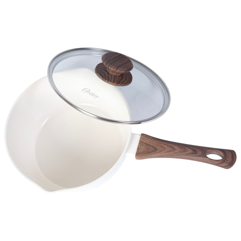 Oster Amberg Choice 2.5qt Aluminum Saucepan w/ Lid - Matte White - White Ceramic Interior - Wood Look Soft Touch Bakelite Handle - Color Label