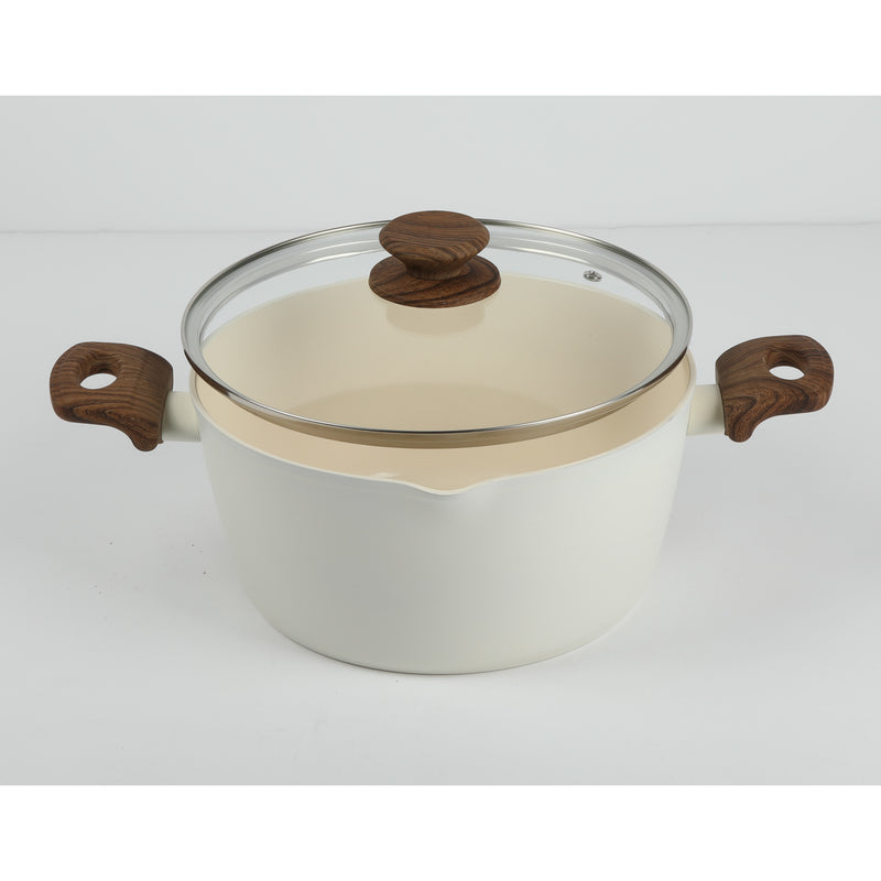 Oster Amberg Choice 4.7qt Aluminum Dutch Oven w/Lid - Matte White - White Ceramic Interior - Wood Look Soft Touch Bakelite Handle - Color Label
