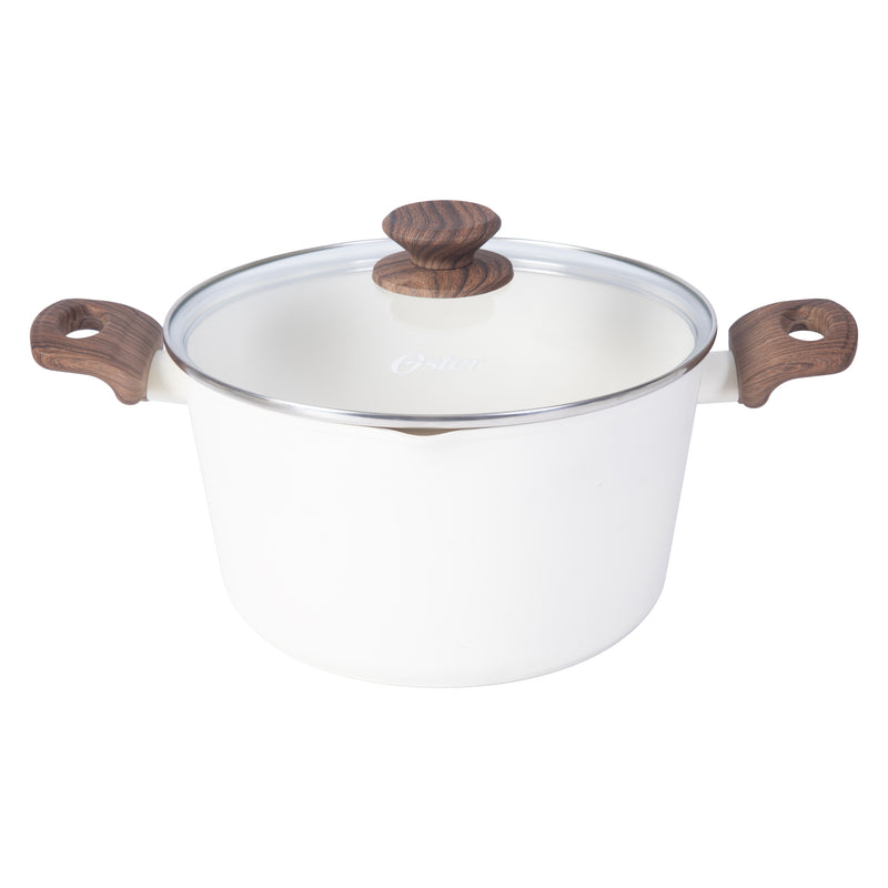 Oster Amberg Choice 4.7qt Aluminum Dutch Oven w/Lid - Matte White - White Ceramic Interior - Wood Look Soft Touch Bakelite Handle - Color Label