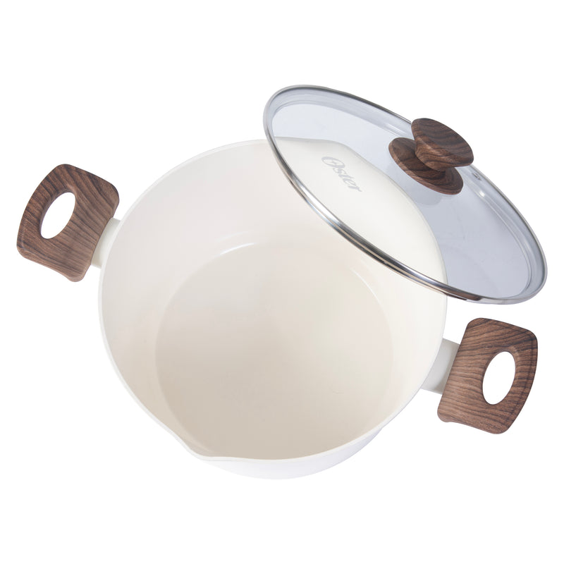 Oster Amberg Choice 4.7qt Aluminum Dutch Oven w/Lid - Matte White - White Ceramic Interior - Wood Look Soft Touch Bakelite Handle - Color Label