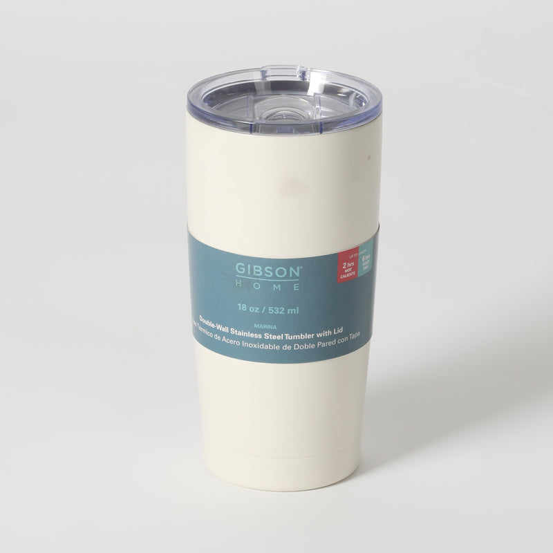 Gibson Home Marina 18 oz Stainless Steel Thermal Tumbler - Double Wall - Matte - Cream - Acrylic Lid - Color Sleeve