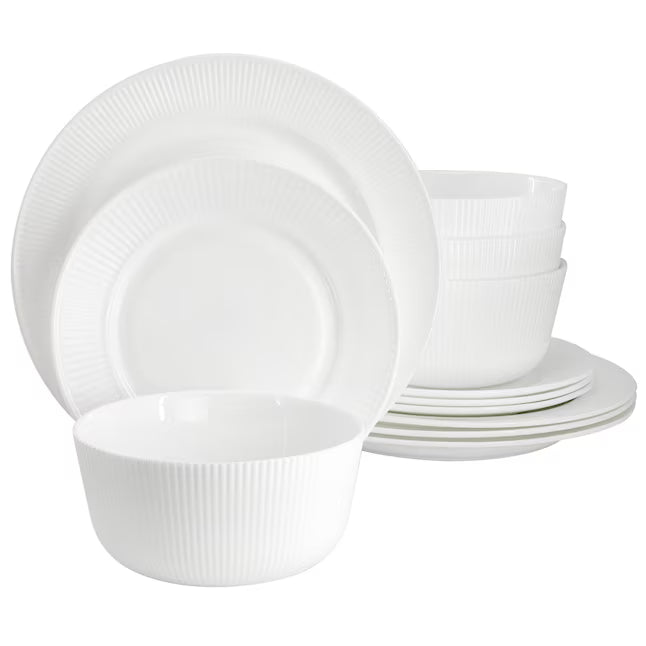 Gibson Home Swanton 12pc Opal Glass Dinnerware Set - White - Embossed - Gift Box