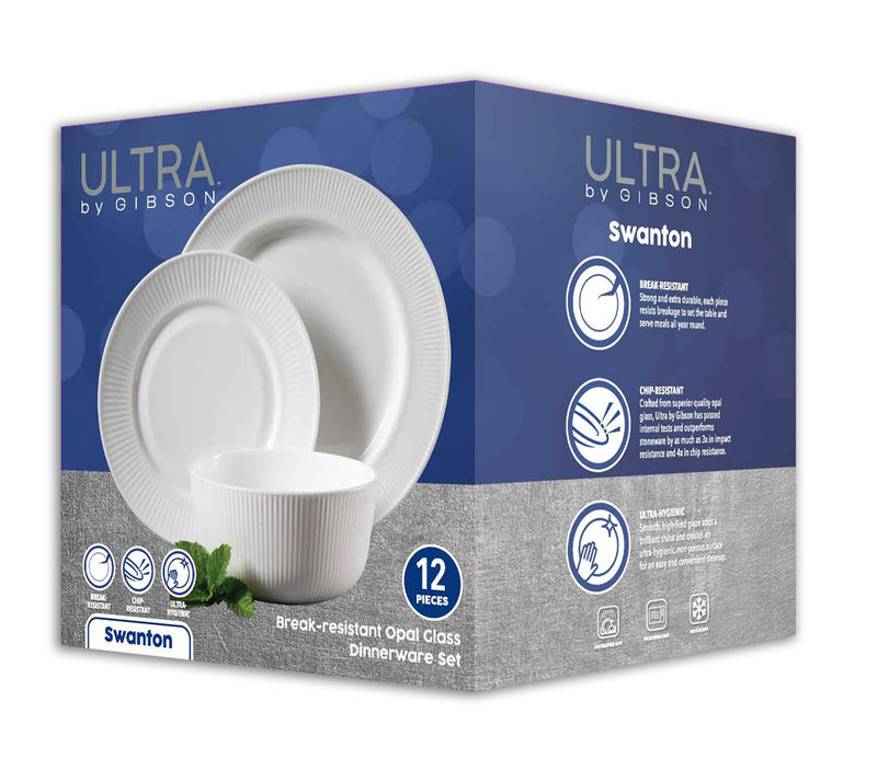 Gibson Home Swanton 12pc Opal Glass Dinnerware Set - White - Embossed - Gift Box