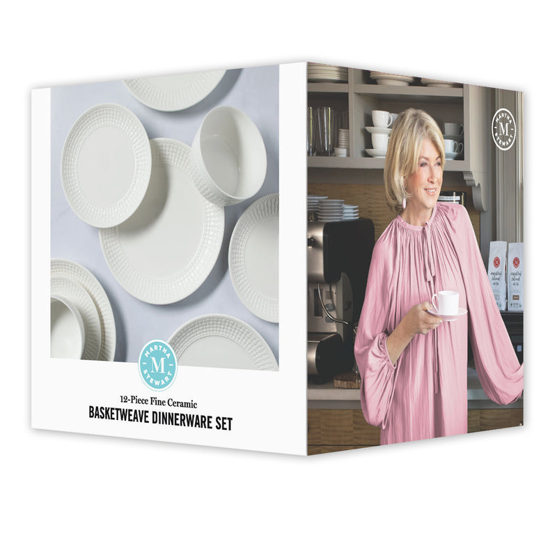 Martha Stewart Basket Weave 12pc Dinnerware Set - White - Embossed - Fine Ceramic - Gift Box