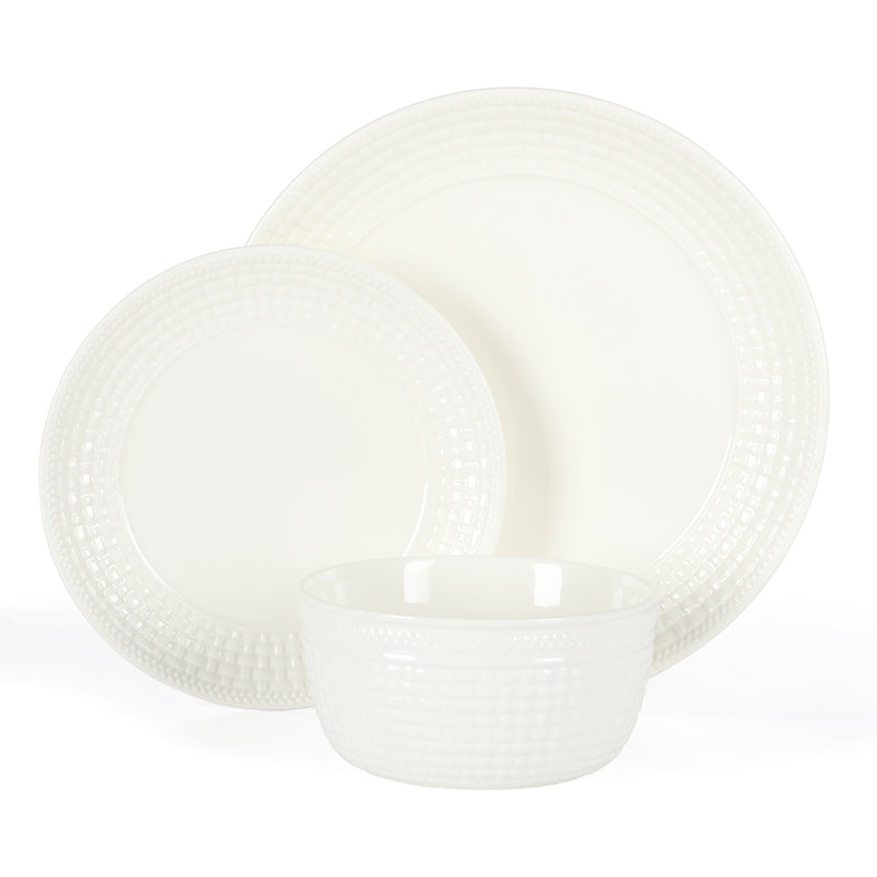 Martha Stewart Basket Weave 12pc Dinnerware Set - White - Embossed - Fine Ceramic - Gift Box