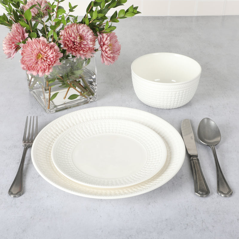 Martha Stewart Basket Weave 12pc Dinnerware Set - White - Embossed - Fine Ceramic - Gift Box