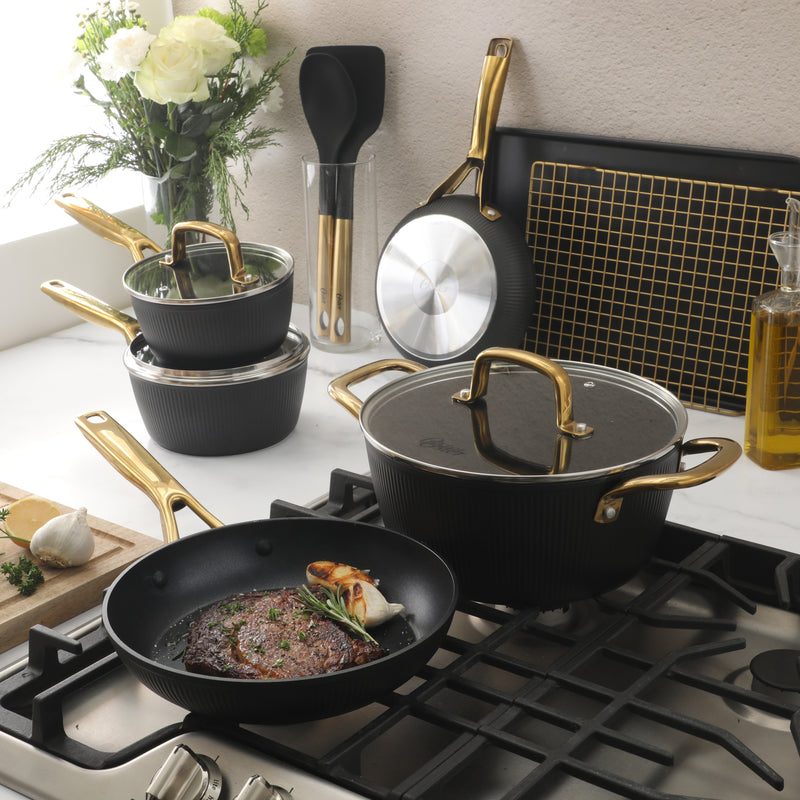 Oster Abbottsford 16pc Aluminum Cookware Combo Set - Matte Black Stripe - Nonstick - CD Bottom - Stainless Steel Handle - Gift Box