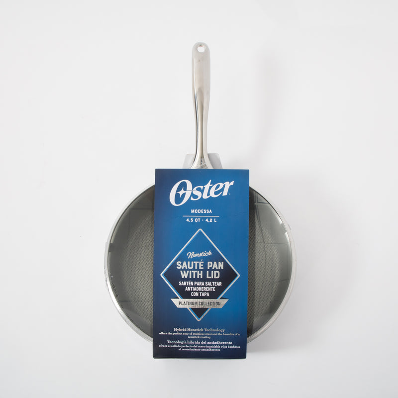 Oster Modessa 4.5qt Tri-Ply Stainless Steel Sauté Pan w/ Glass Lid - Etching Nonstick Interior - Long Handle - Color Sleeve