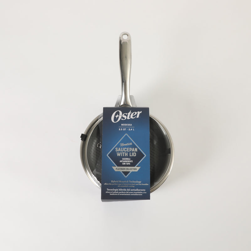Oster Modessa 2.5qt Tri-Ply Stainless Steel Saucepan w/ Glass Lid - Etching Nonstick Interior - Long Handle - Color Sleeve