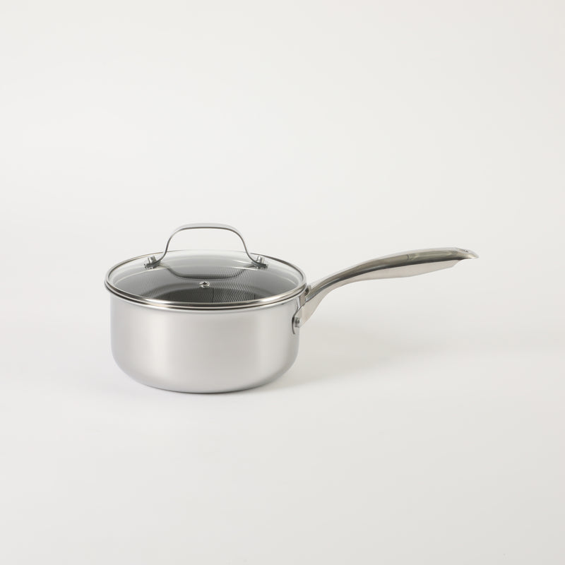 Oster Modessa 2.5qt Tri-Ply Stainless Steel Saucepan w/ Glass Lid - Etching Nonstick Interior - Long Handle - Color Sleeve