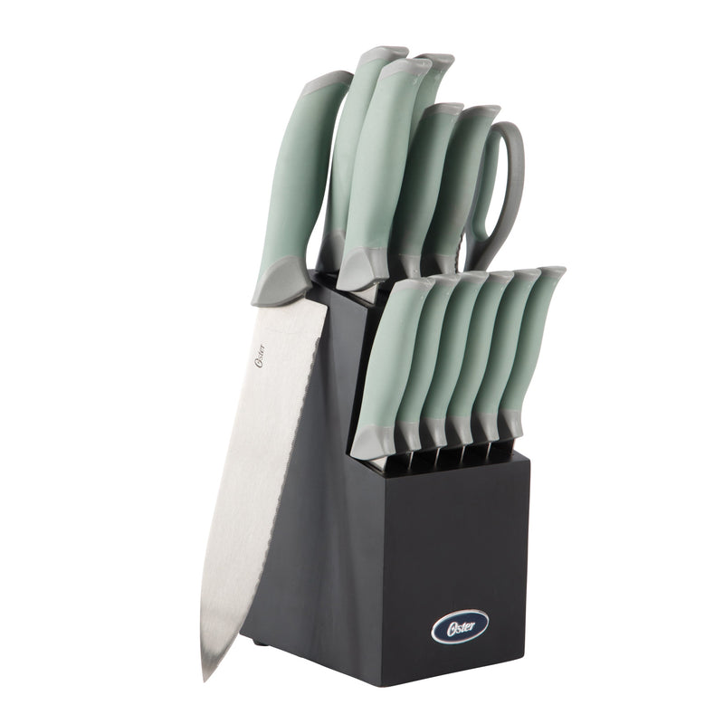 Oster Lindbergh 14pc Stainless Steel Cutlery Set w/ Color Stained Wood Block - TPR/PP Handle - Gift Box