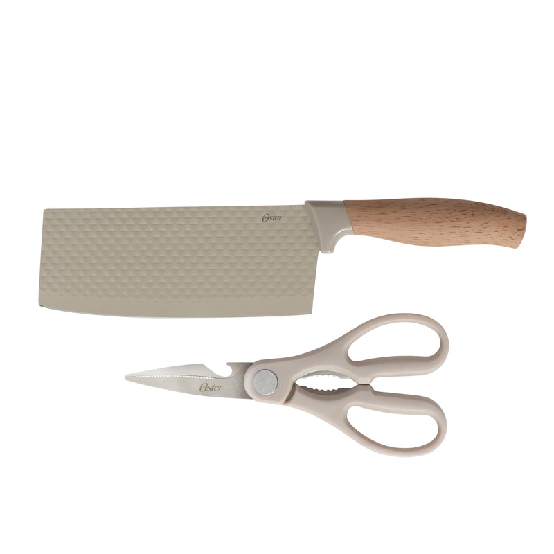 Oster Gunderson 2pc 6" Cleaver & Scissors Set - Taupe - Textured Blade - Non Stick - PP Wood Look Soft Touch Handle - Clam Pack