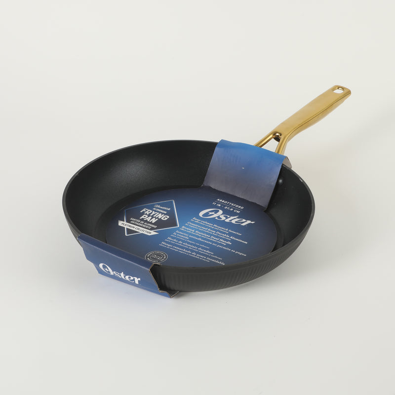 Oster Abbottsford 11" Aluminum Frying Pan - Matte Black Stripe - Nonstick - CD Bottom - Stainless Steel Gold Handle - Color Sleeve