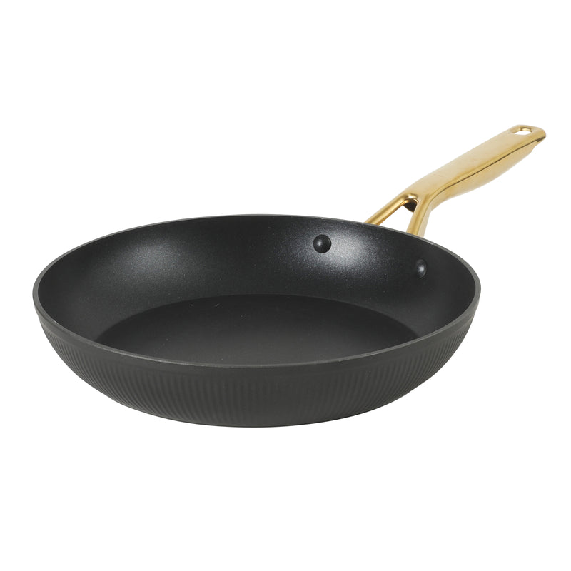 Oster Abbottsford 11" Aluminum Frying Pan - Matte Black Stripe - Nonstick - CD Bottom - Stainless Steel Gold Handle - Color Sleeve