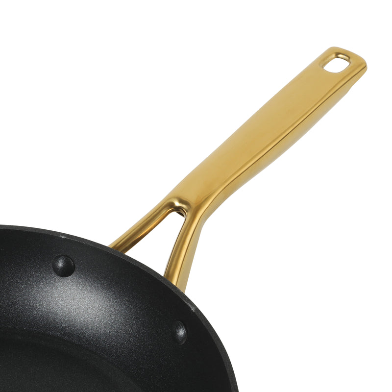 Oster Abbottsford 11" Aluminum Frying Pan - Matte Black Stripe - Nonstick - CD Bottom - Stainless Steel Gold Handle - Color Sleeve
