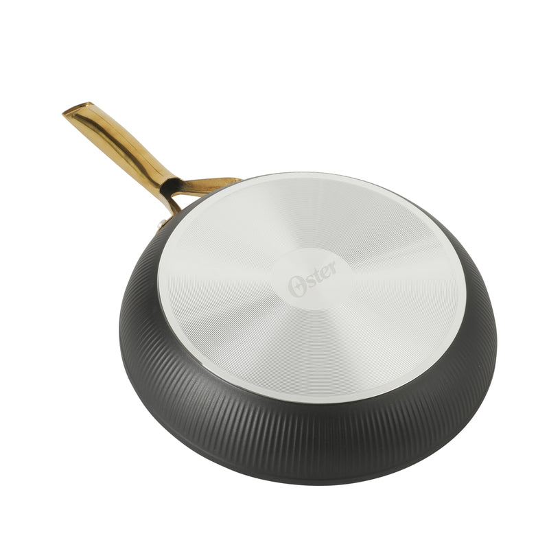 Oster Abbottsford 11" Aluminum Frying Pan - Matte Black Stripe - Nonstick - CD Bottom - Stainless Steel Gold Handle - Color Sleeve