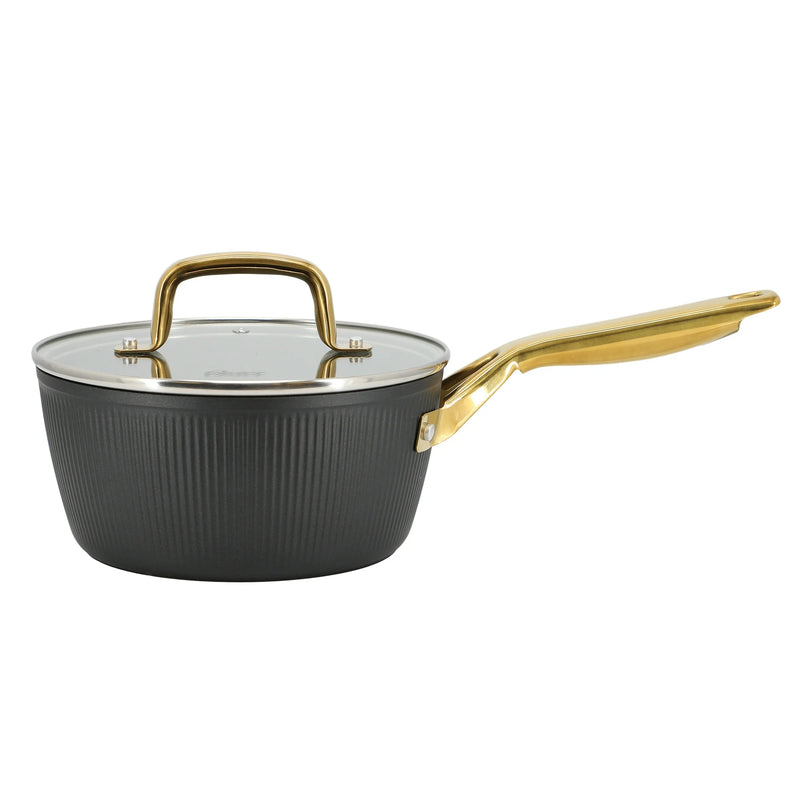 Oster Abbottsford 2.5qt Aluminum Saucepan w/ Flat Glass Lid - Matte Black Stripe - Nonstick - CD Bottom - Stainless Steel Gold Handle - Color Sleeve