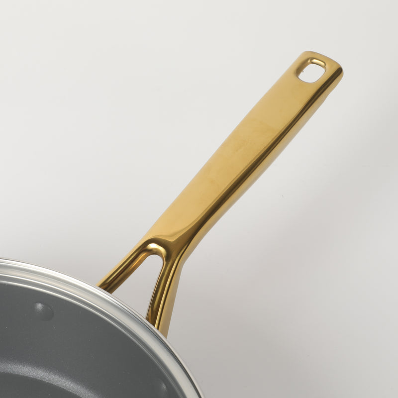 Oster Abbottsford 4qt Aluminum Sauté Pan w/ Flat Glass Lid - Matte Black Stripe - Nonstick - CD Bottom - Stainless Steel Gold Handle - Color Sleeve