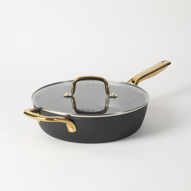 Oster Abbottsford 4qt Aluminum Sauté Pan w/ Flat Glass Lid - Matte Black Stripe - Nonstick - CD Bottom - Stainless Steel Gold Handle - Color Sleeve