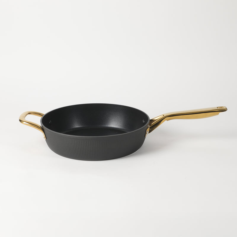 Oster Abbottsford 4qt Aluminum Sauté Pan w/ Flat Glass Lid - Matte Black Stripe - Nonstick - CD Bottom - Stainless Steel Gold Handle - Color Sleeve