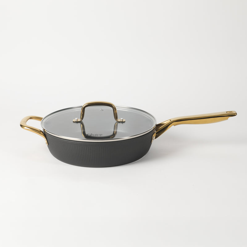Oster Abbottsford 4qt Aluminum Sauté Pan w/ Flat Glass Lid - Matte Black Stripe - Nonstick - CD Bottom - Stainless Steel Gold Handle - Color Sleeve