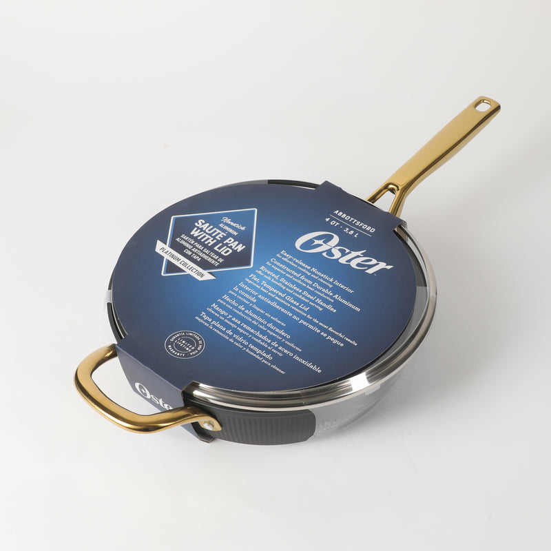 Oster Abbottsford 4qt Aluminum Sauté Pan w/ Flat Glass Lid - Matte Black Stripe - Nonstick - CD Bottom - Stainless Steel Gold Handle - Color Sleeve