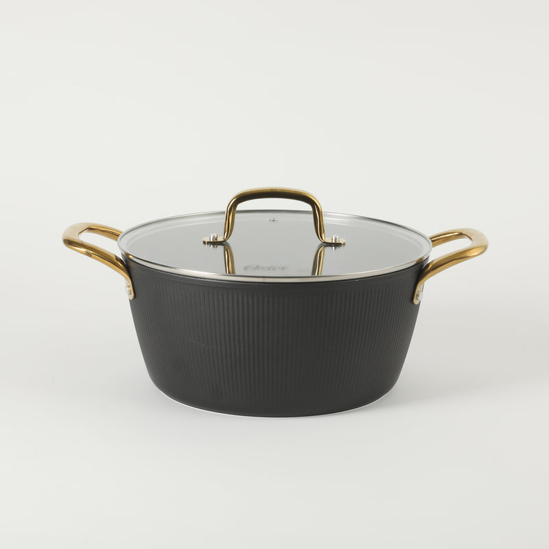 Oster Abbottsford 7qt Aluminum Dutch Oven w/ Flat Glass Lid - Matte Black Stripe - Nonstick - CD Bottom - SS Gold Handle - O/S - Color Sleeve