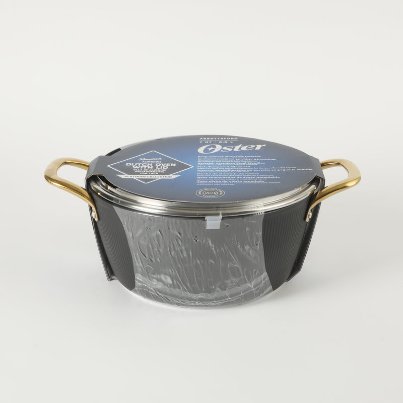 Oster Abbottsford 7qt Aluminum Dutch Oven w/ Flat Glass Lid - Matte Black Stripe - Nonstick - CD Bottom - SS Gold Handle - O/S - Color Sleeve