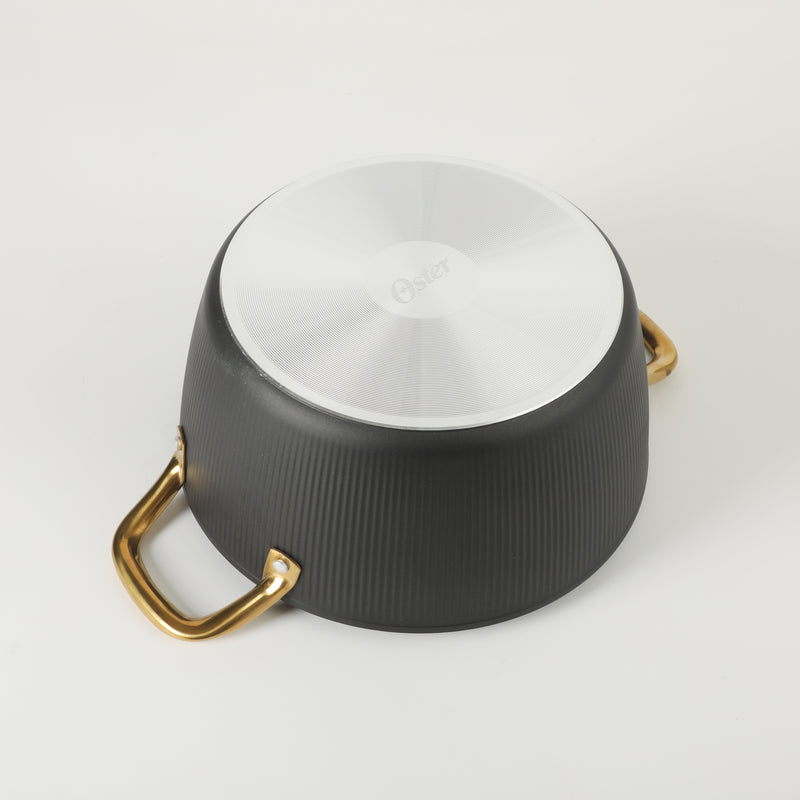 Oster Abbottsford 7qt Aluminum Dutch Oven w/ Flat Glass Lid - Matte Black Stripe - Nonstick - CD Bottom - SS Gold Handle - O/S - Color Sleeve