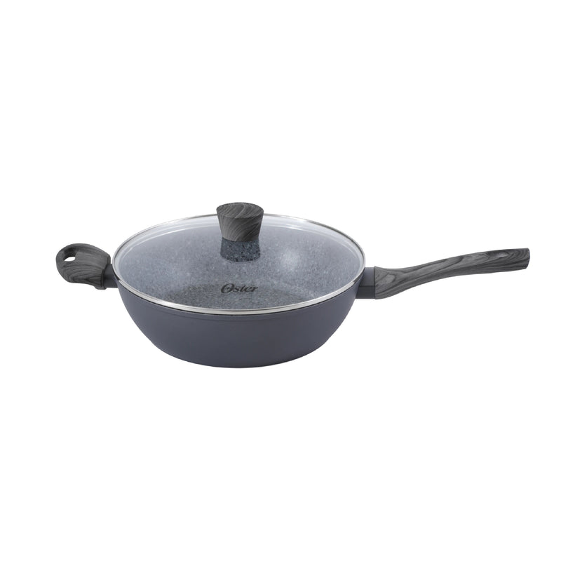 Oster Packham 4qt Aluminum Sauté Pan w/ Glass Lid - Grey - Whitford Granite Speckle Int - Induction - Grey Wood Look Soft Touch Handle - O/S - Color Sleeve