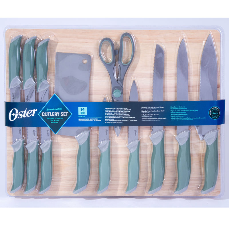 Oster Lindbergh 14pc Stainless Steel Cutlery Set w/ Rubberwood Cutting Board - TPR/PP Handle - Clam Pack