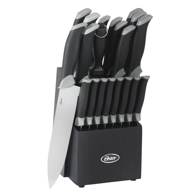 Oster Lindbergh 22pc Stainless Steel Cutlery Set w/ Black Wood Block - Grey/Black - TPR/PP Handle - Gift Box
