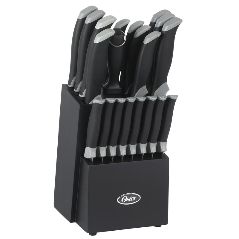 Oster Lindbergh 22pc Stainless Steel Cutlery Set w/ Black Wood Block - Grey/Black - TPR/PP Handle - Gift Box