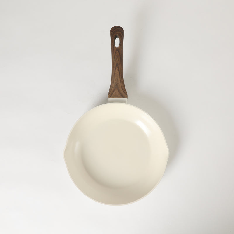 Oster Amberg Choice 9.5" Aluminum Frying Pan - Matte White - White Ceramic Interior - Wood Look Soft Touch Bakelite Handle - O/S - Color Label