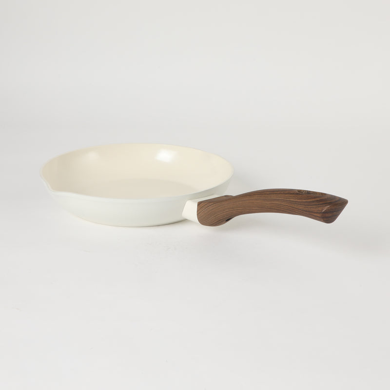 Oster Amberg Choice 9.5" Aluminum Frying Pan - Matte White - White Ceramic Interior - Wood Look Soft Touch Bakelite Handle - O/S - Color Label